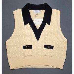 RIHOAS Womens Large Cable Knit Sweater Vest Cream Black Deep V Neck Academia New